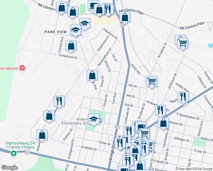 map of restaurants, bars, coffee shops, grocery stores, and more near 815 Stuart Street in Harrisonburg