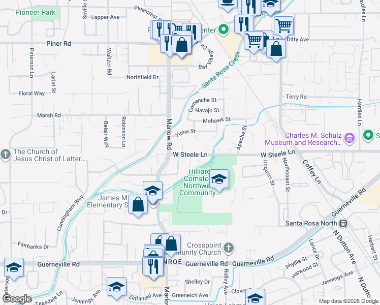 map of restaurants, bars, coffee shops, grocery stores, and more near 2975 West Steele Lane in Santa Rosa