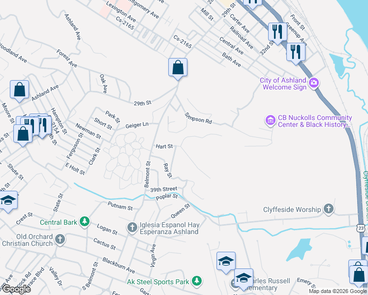map of restaurants, bars, coffee shops, grocery stores, and more near 4109 Hart Street in Ashland