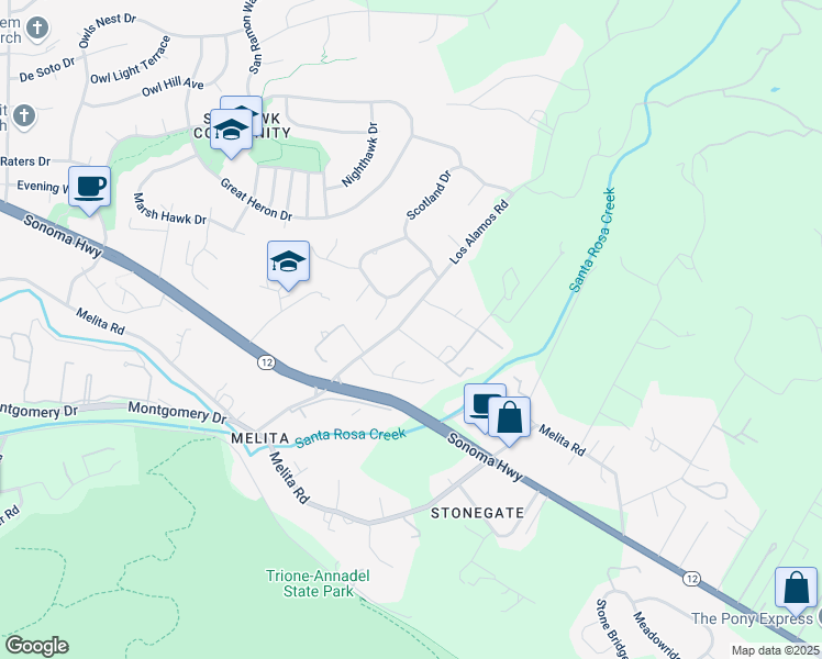 map of restaurants, bars, coffee shops, grocery stores, and more near 535 Los Alamos Road in Santa Rosa