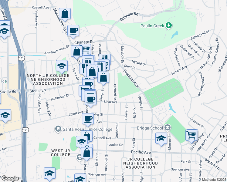 map of restaurants, bars, coffee shops, grocery stores, and more near 2045 Orchard Street in Santa Rosa