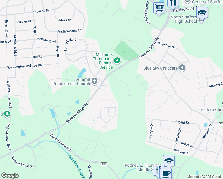 map of restaurants, bars, coffee shops, grocery stores, and more near 231 Shelton Shop Road in Stafford