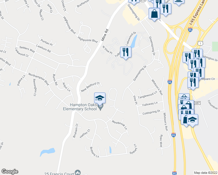 map of restaurants, bars, coffee shops, grocery stores, and more near 30 Bridgeport Circle in Stafford