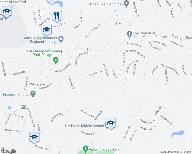 map of restaurants, bars, coffee shops, grocery stores, and more near 29 Savannah Court in Stafford