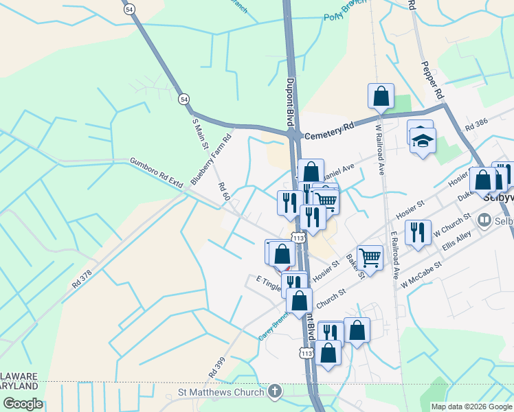 map of restaurants, bars, coffee shops, grocery stores, and more near 219 Gumboro Road Extd in Selbyville
