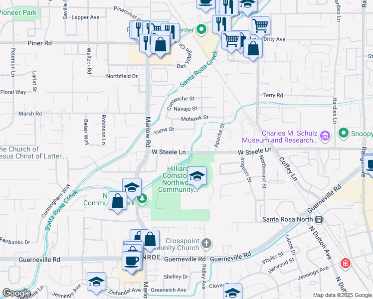 map of restaurants, bars, coffee shops, grocery stores, and more near 2875 West Steele Lane in Santa Rosa