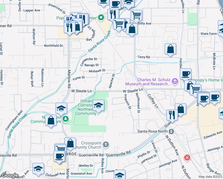 map of restaurants, bars, coffee shops, grocery stores, and more near 2655 West Steele Lane in Santa Rosa