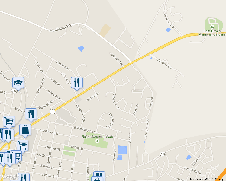 map of restaurants, bars, coffee shops, grocery stores, and more near 1253 Wordsworth Court in Harrisonburg