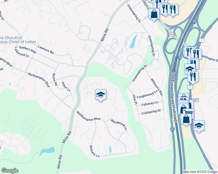 map of restaurants, bars, coffee shops, grocery stores, and more near 30 Bridgeport Circle in Stafford