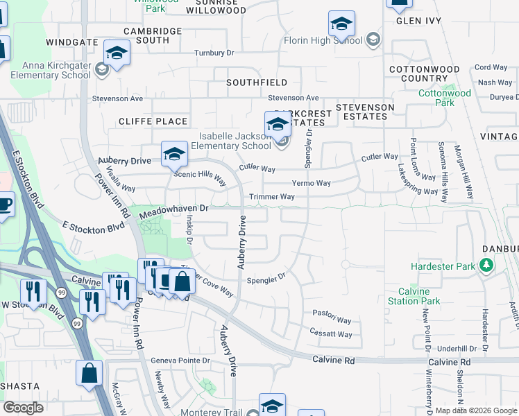 map of restaurants, bars, coffee shops, grocery stores, and more near 8327 Triad Circle in Sacramento