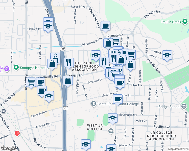 map of restaurants, bars, coffee shops, grocery stores, and more near 2132 Berkeley Drive in Santa Rosa
