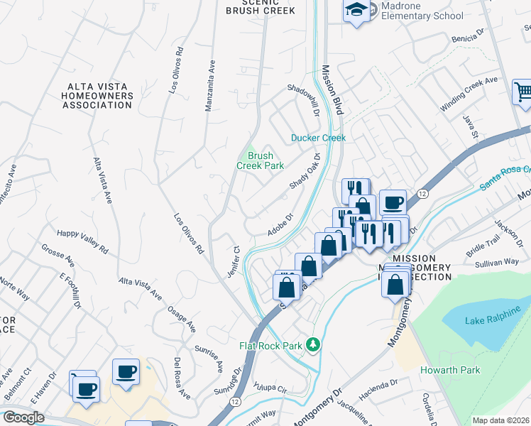 map of restaurants, bars, coffee shops, grocery stores, and more near 812 Shady Oak Drive in Santa Rosa