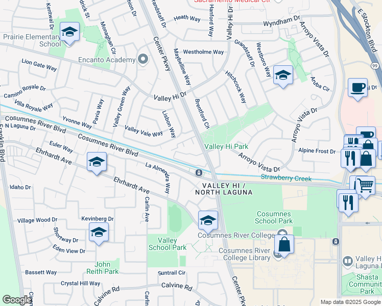 map of restaurants, bars, coffee shops, grocery stores, and more near 8200 Center Parkway in Sacramento
