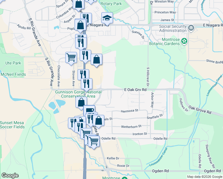 map of restaurants, bars, coffee shops, grocery stores, and more near East Oak Grove Road in Montrose County