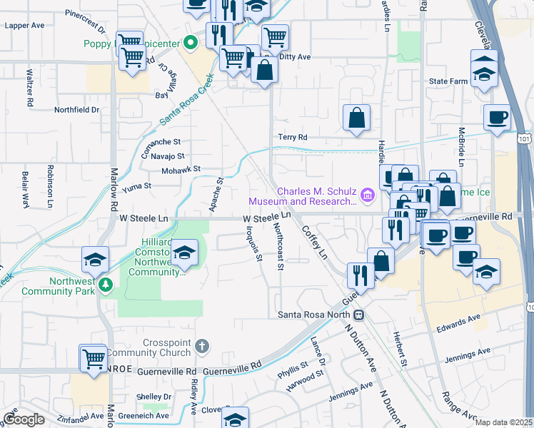 map of restaurants, bars, coffee shops, grocery stores, and more near 2161 West Steele Lane in Santa Rosa