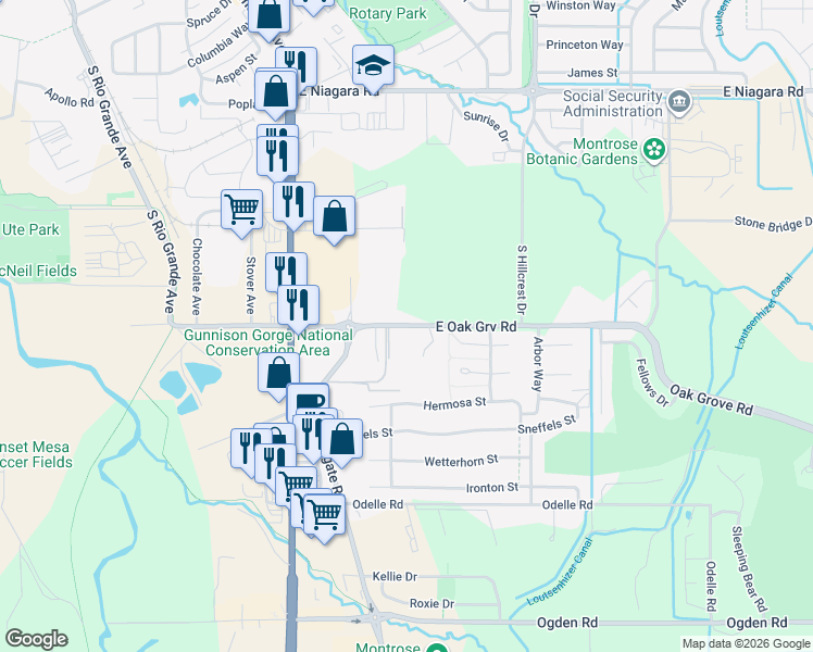 map of restaurants, bars, coffee shops, grocery stores, and more near East Oak Grove Road in Montrose