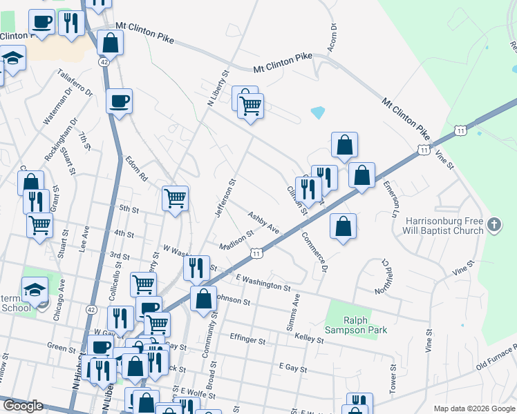 map of restaurants, bars, coffee shops, grocery stores, and more near 140 Ashby Avenue in Harrisonburg