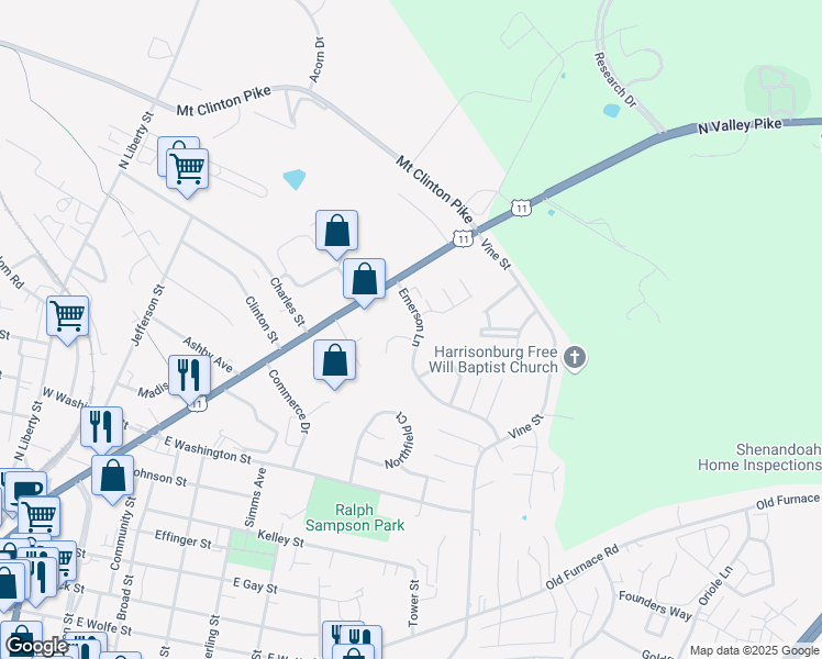 map of restaurants, bars, coffee shops, grocery stores, and more near 1253 Wordsworth Court in Harrisonburg