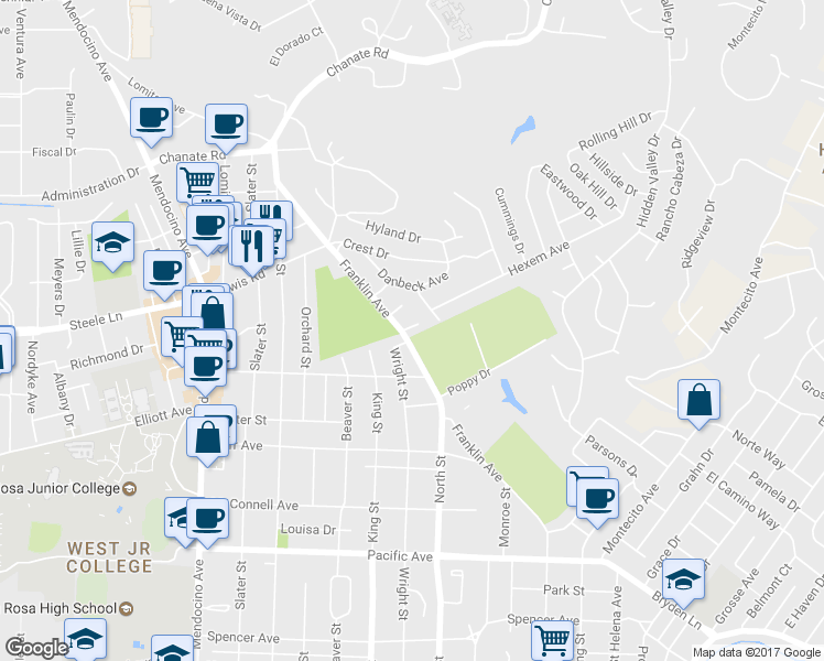 map of restaurants, bars, coffee shops, grocery stores, and more near 1988 Sillick Terrace in Santa Rosa