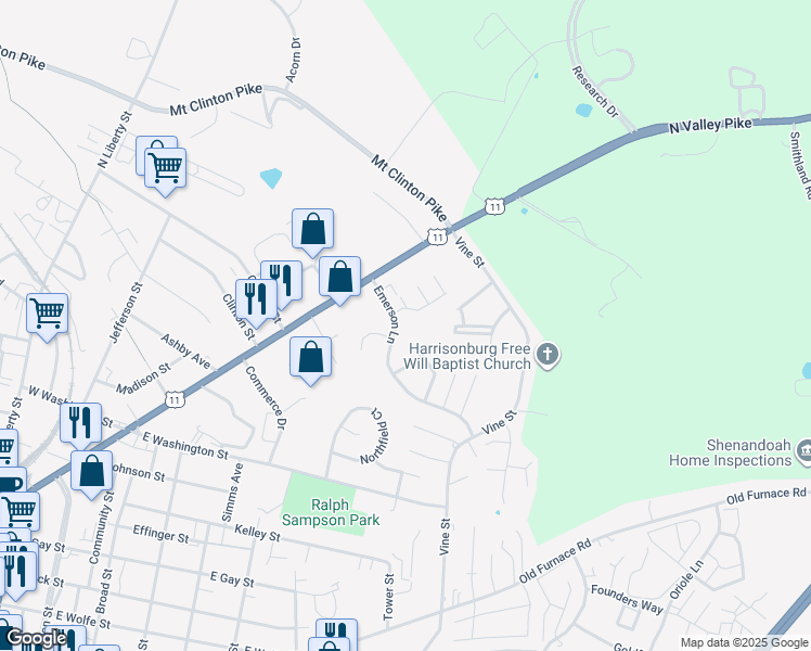 map of restaurants, bars, coffee shops, grocery stores, and more near 176 Emerson Lane in Harrisonburg