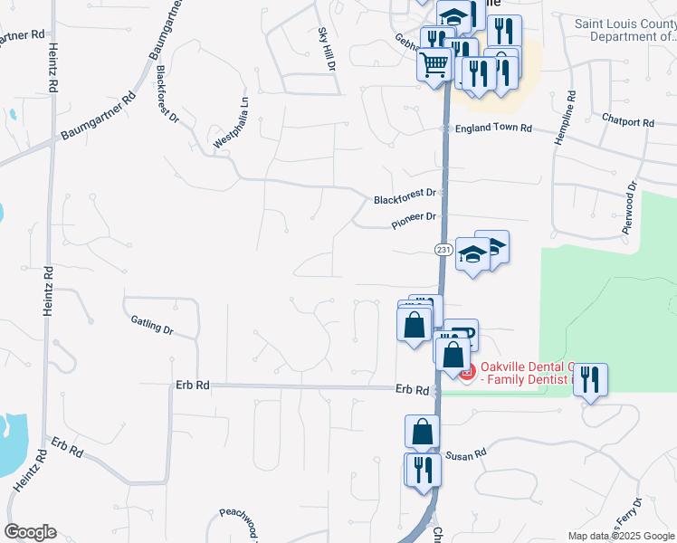 map of restaurants, bars, coffee shops, grocery stores, and more near 2615 Softwood Drive in St. Louis