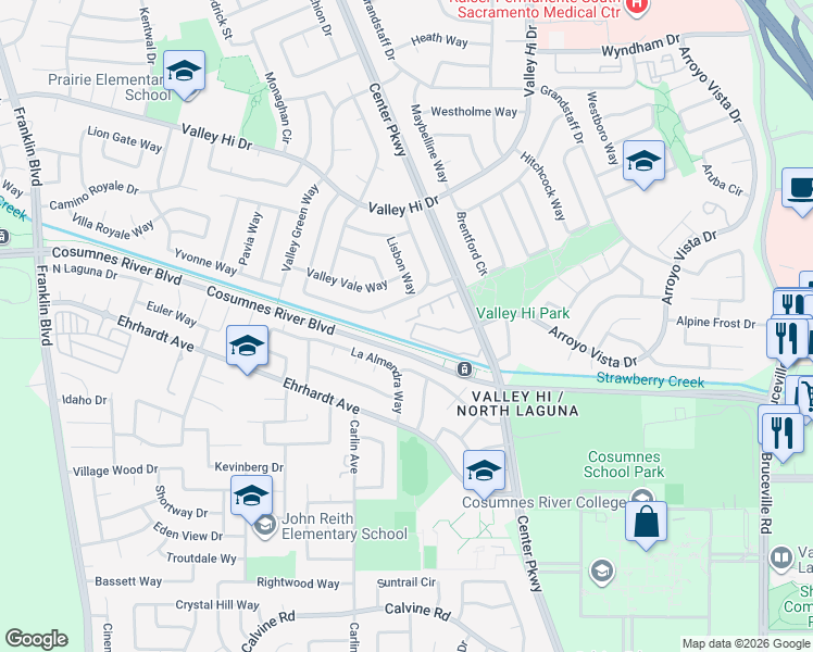 map of restaurants, bars, coffee shops, grocery stores, and more near 8272 Center Parkway in Sacramento
