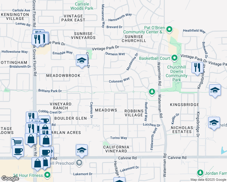 map of restaurants, bars, coffee shops, grocery stores, and more near 8185 Duncansby Court in Sacramento