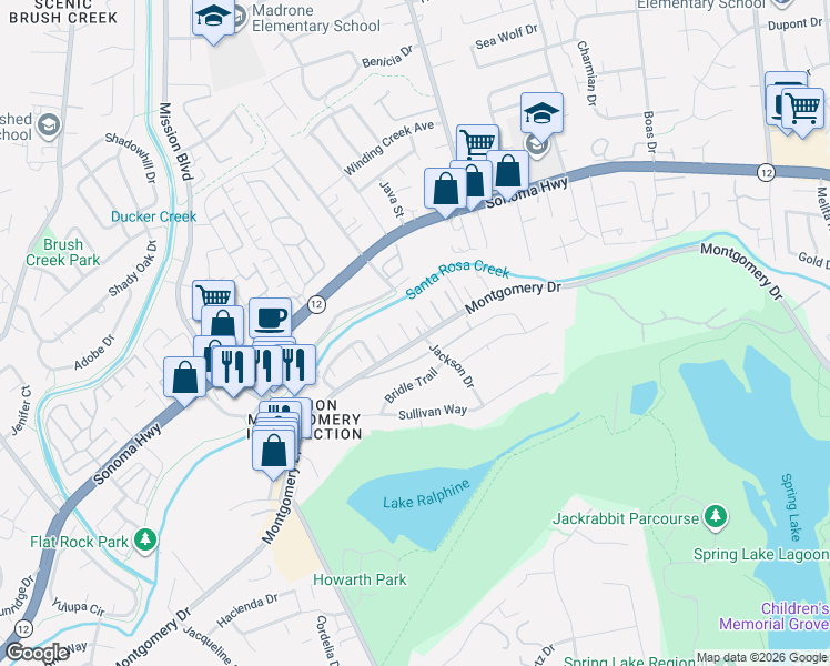 map of restaurants, bars, coffee shops, grocery stores, and more near 22 Greengate Court in Santa Rosa