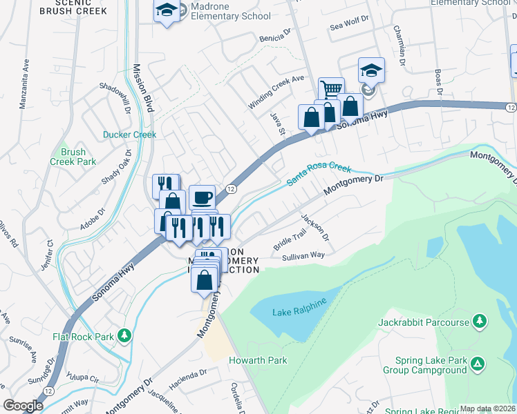 map of restaurants, bars, coffee shops, grocery stores, and more near 10 Creekview Court in Santa Rosa