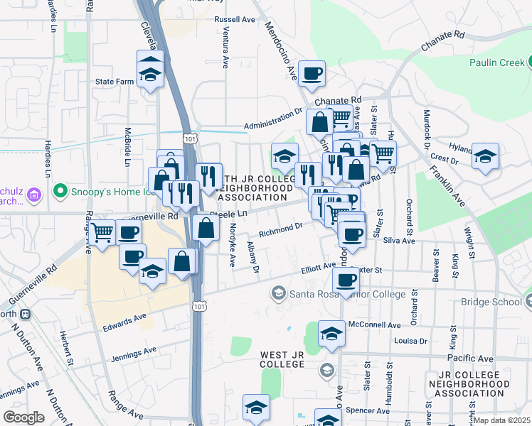 map of restaurants, bars, coffee shops, grocery stores, and more near 2152 Service Court in Santa Rosa