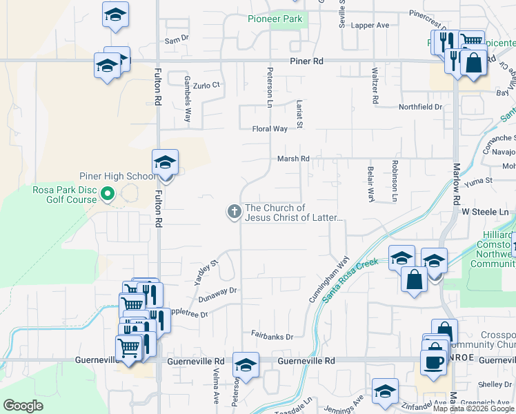 map of restaurants, bars, coffee shops, grocery stores, and more near 2328 Sundance Street in Santa Rosa