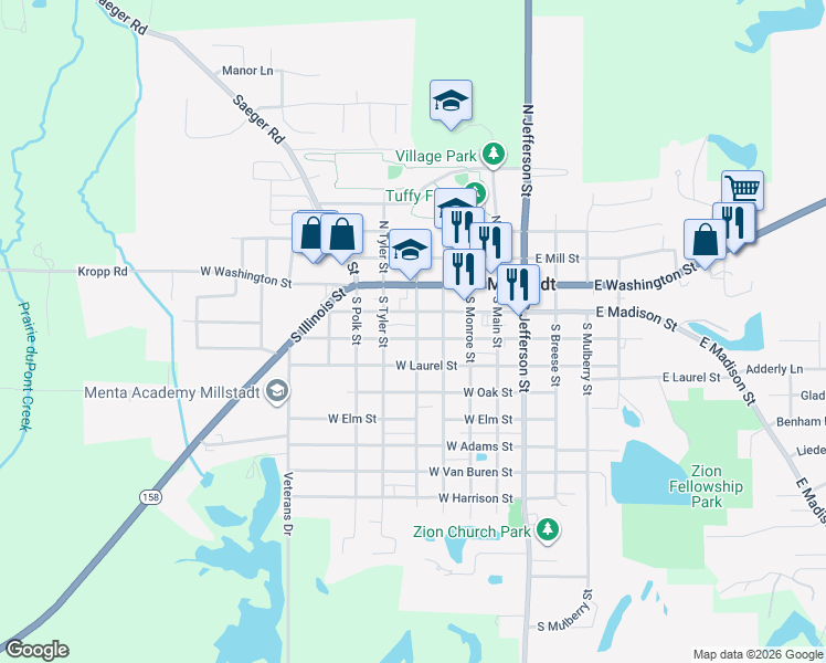 map of restaurants, bars, coffee shops, grocery stores, and more near 401 West White Street in Millstadt