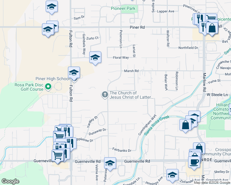 map of restaurants, bars, coffee shops, grocery stores, and more near 2328 Sundance Street in Santa Rosa