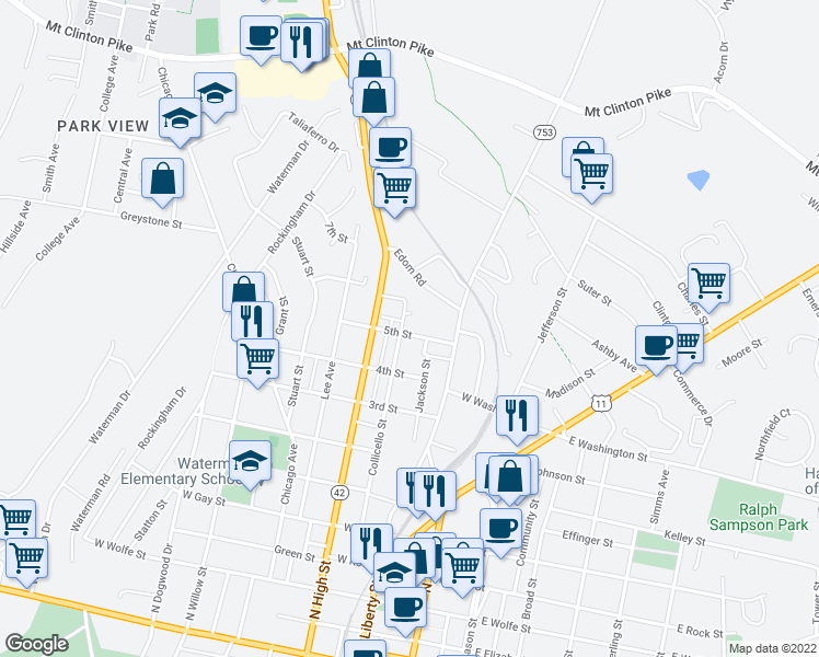 map of restaurants, bars, coffee shops, grocery stores, and more near 910 Collicello Street in Harrisonburg