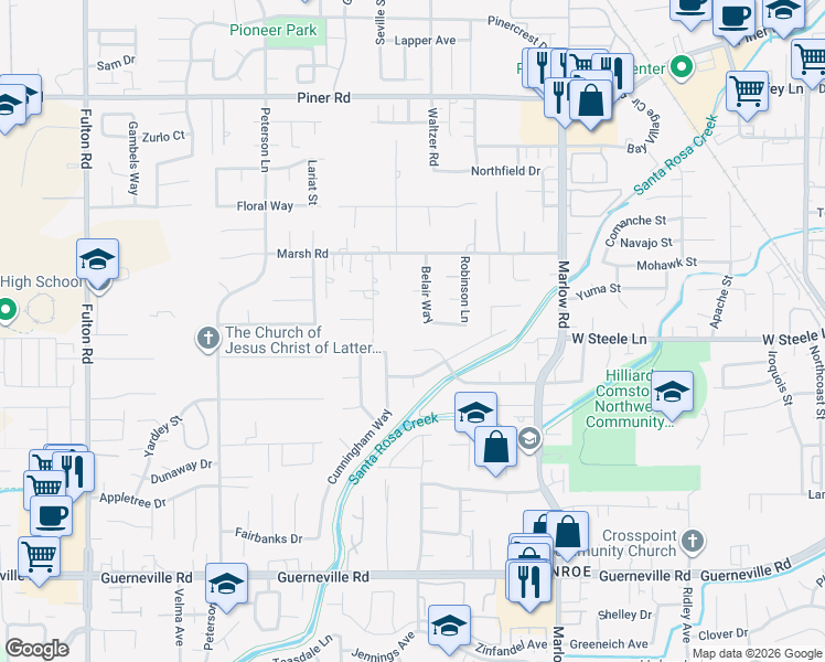 map of restaurants, bars, coffee shops, grocery stores, and more near 2929 Belair Way in Santa Rosa