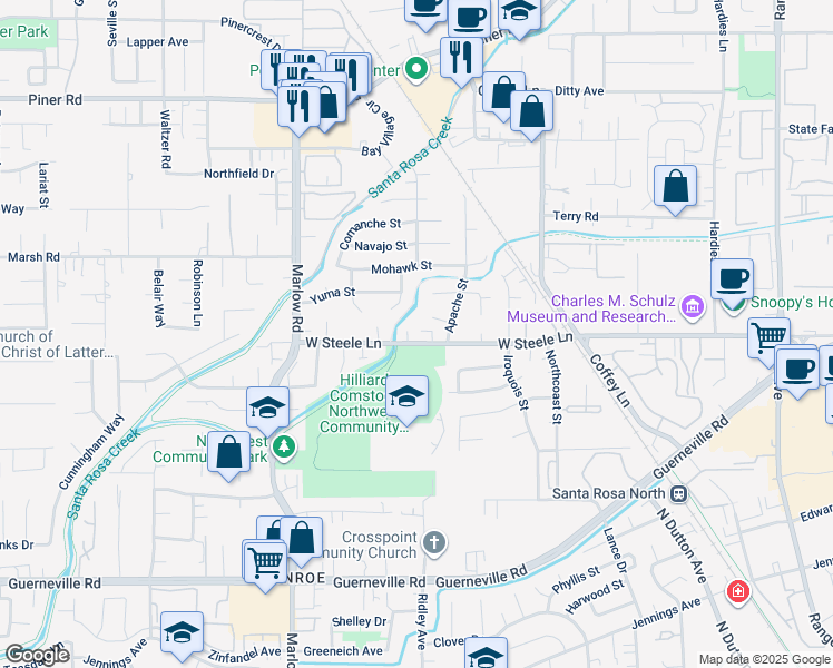 map of restaurants, bars, coffee shops, grocery stores, and more near 2873 W Steele Ln in Santa Rosa