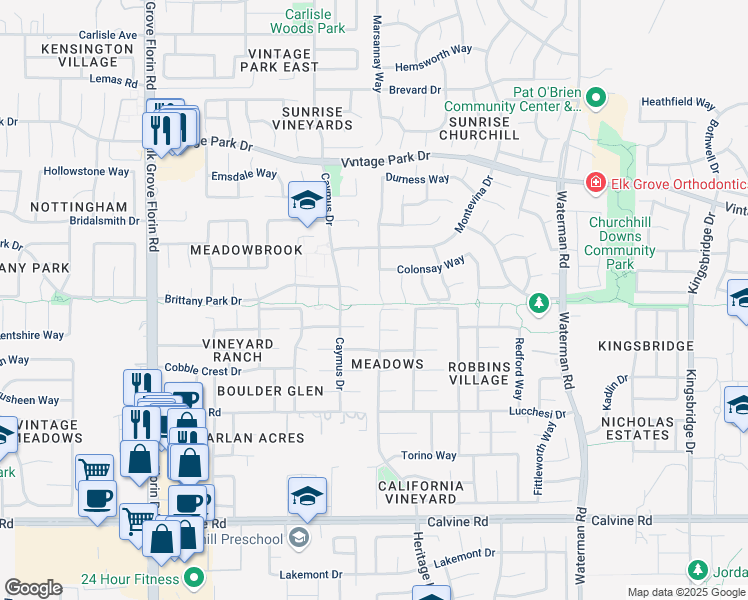 map of restaurants, bars, coffee shops, grocery stores, and more near 8192 Kirkwall Court in Sacramento