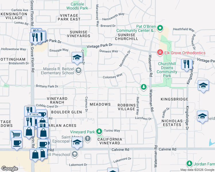map of restaurants, bars, coffee shops, grocery stores, and more near 8185 Duncansby Court in Sacramento