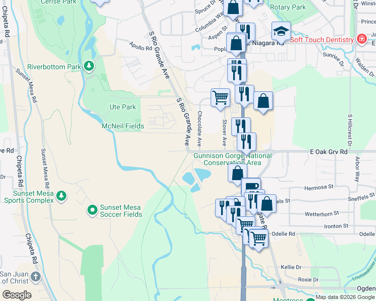 map of restaurants, bars, coffee shops, grocery stores, and more near 1200 East Oak Grove Road in Montrose