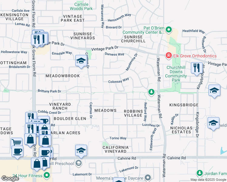 map of restaurants, bars, coffee shops, grocery stores, and more near 8185 Duncansby Court in Sacramento