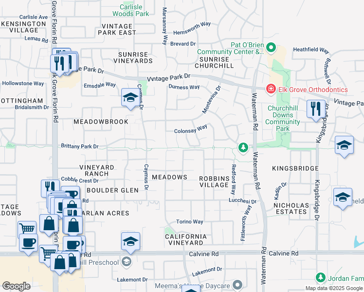 map of restaurants, bars, coffee shops, grocery stores, and more near 8185 Duncansby Court in Sacramento