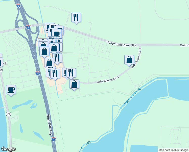 map of restaurants, bars, coffee shops, grocery stores, and more near 2133 Harborview Way in Sacramento