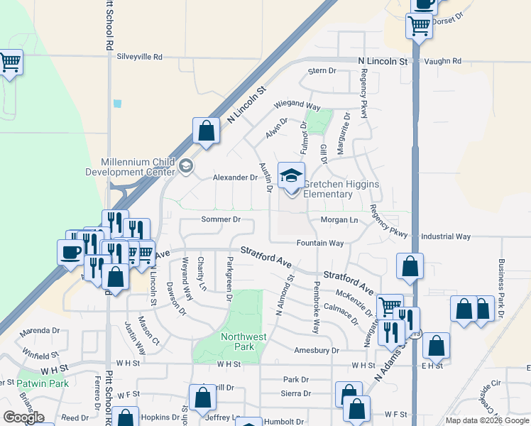 map of restaurants, bars, coffee shops, grocery stores, and more near 1405 Austin Drive in Dixon