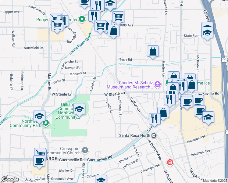 map of restaurants, bars, coffee shops, grocery stores, and more near 2181 West Steele Lane in Santa Rosa
