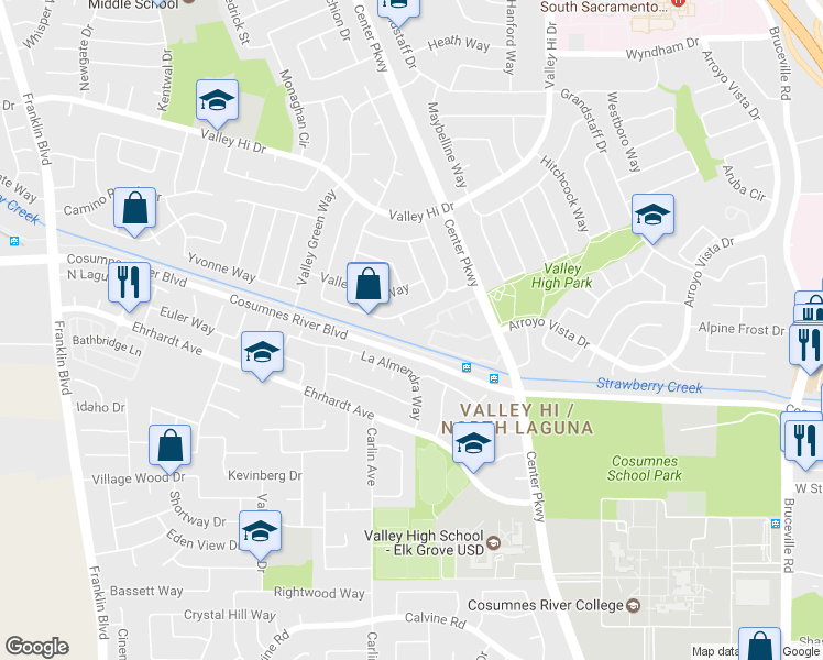 map of restaurants, bars, coffee shops, grocery stores, and more near 5970 Hollyhurst Way in Sacramento