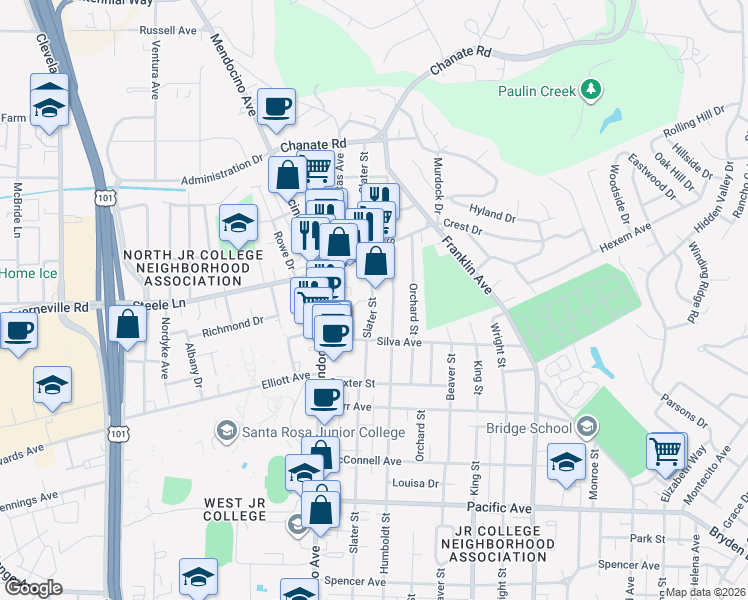 map of restaurants, bars, coffee shops, grocery stores, and more near 2100 Slater Street in Santa Rosa