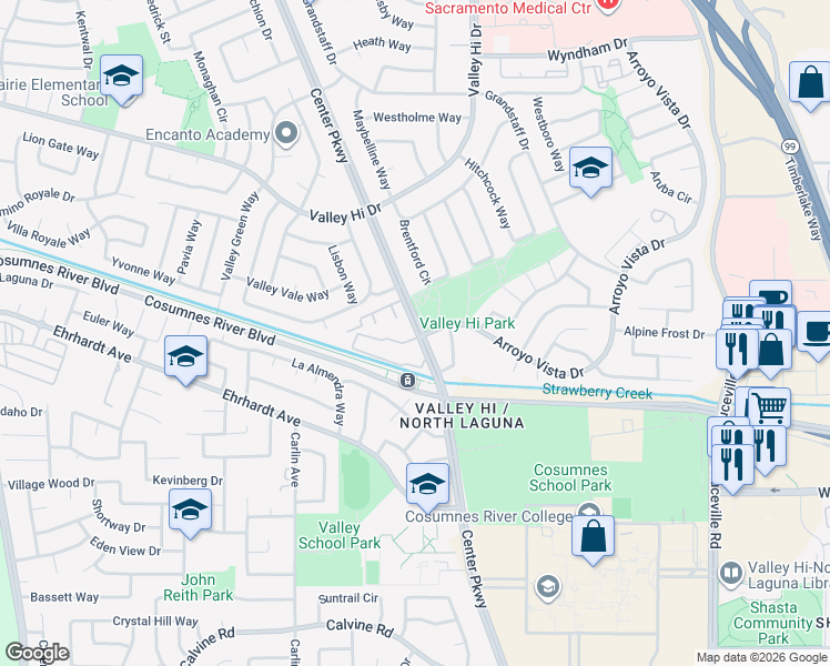 map of restaurants, bars, coffee shops, grocery stores, and more near 8212 Center Parkway in Sacramento