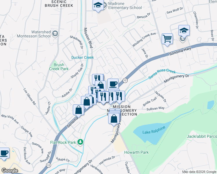 map of restaurants, bars, coffee shops, grocery stores, and more near 901 Prospect Avenue in Santa Rosa