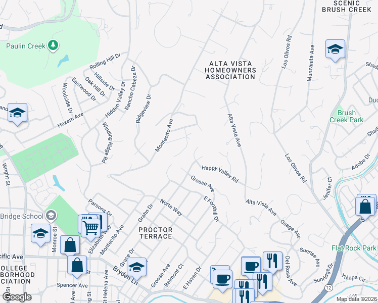 map of restaurants, bars, coffee shops, grocery stores, and more near 1694 Happy Valley Road in Santa Rosa