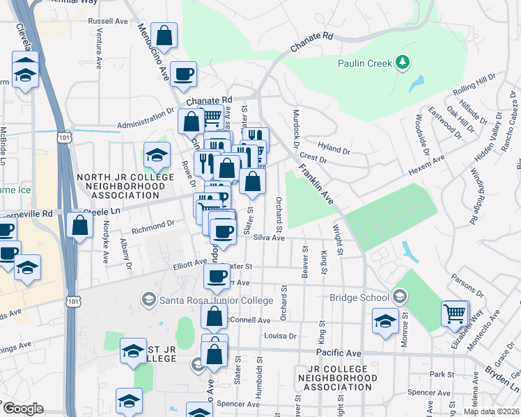 map of restaurants, bars, coffee shops, grocery stores, and more near 2100 Slater Street in Santa Rosa